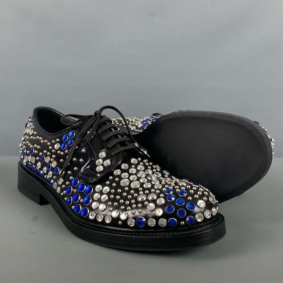 PRADA Black Silver & Blue Studded Leather Lace-Up Shoes - Picture 5 of 9